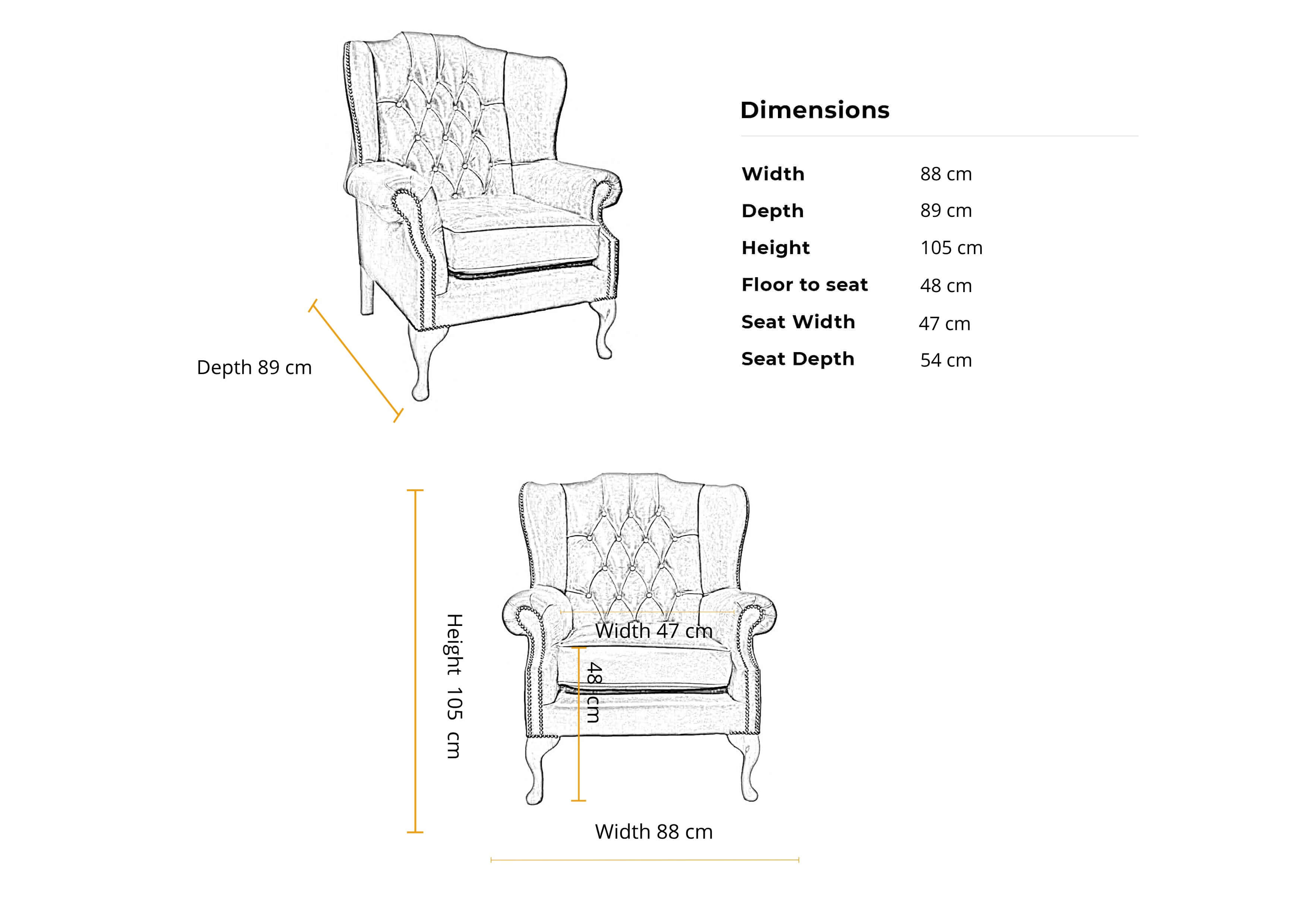 Dimensions 1 seater Gladstone Queen Anne High Back Wing Chair