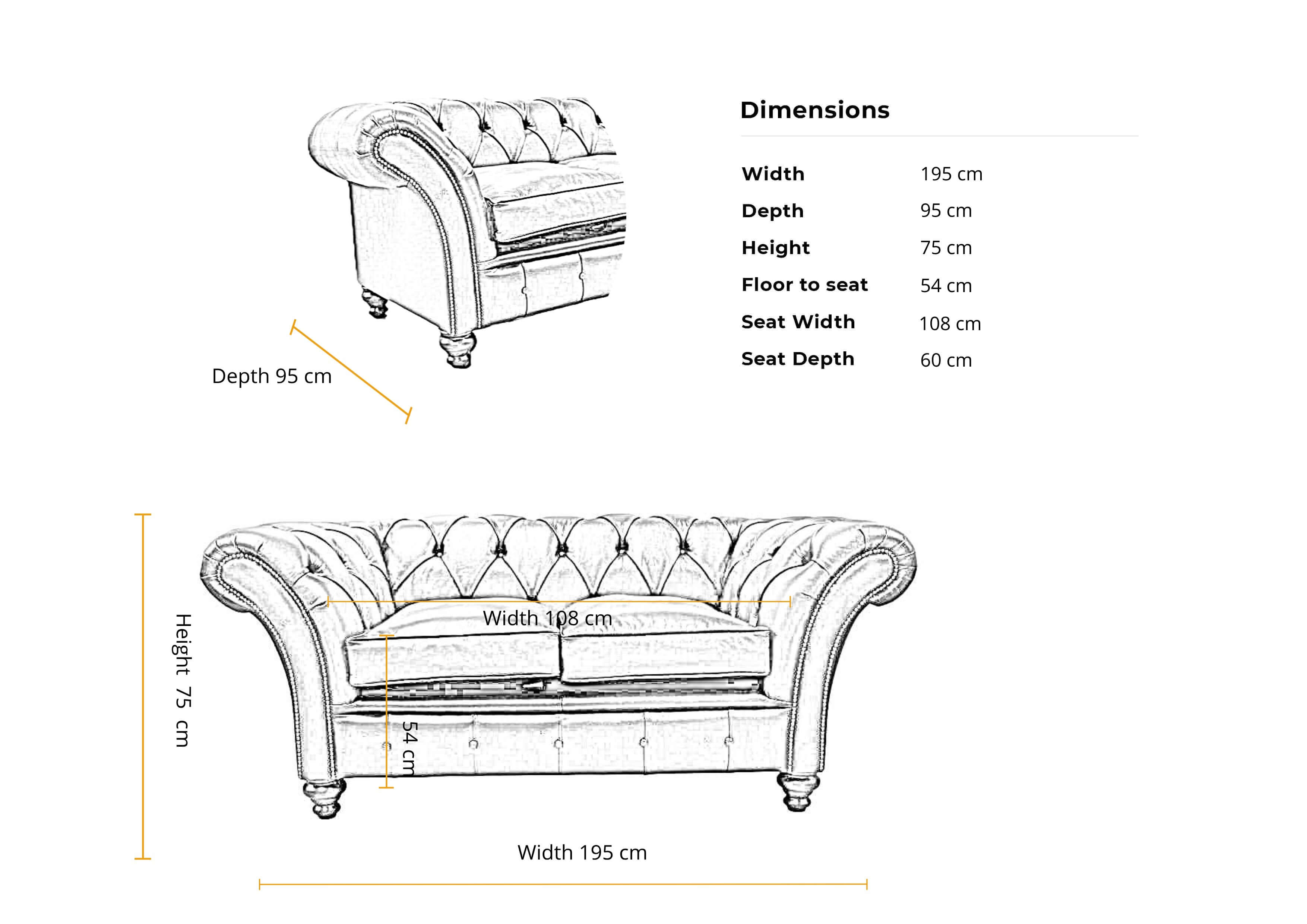 Dimensions  2 seater Duchess classic chesterfield sofa