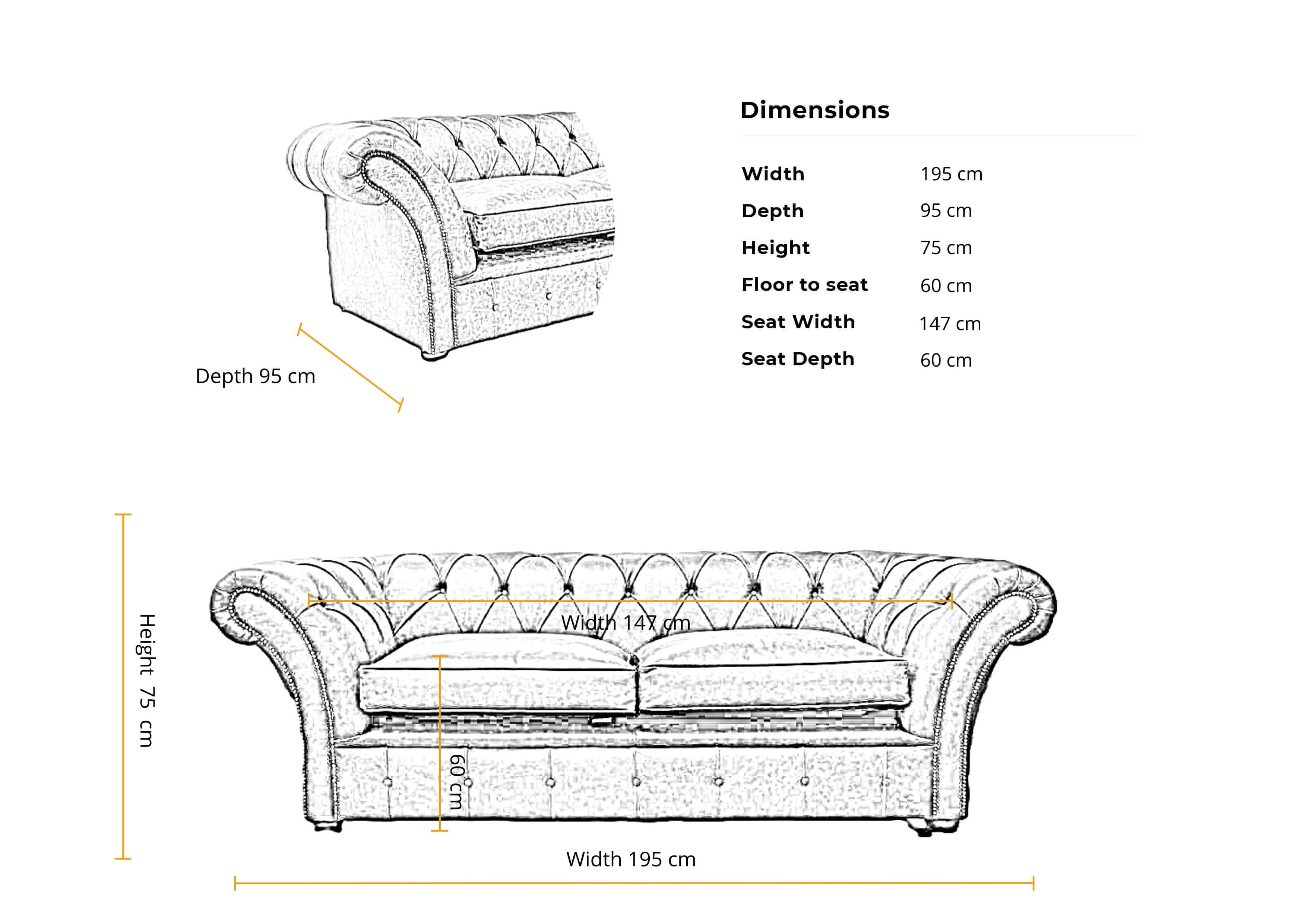 Dimensions  3 seater Duchess classic chesterfield sofa