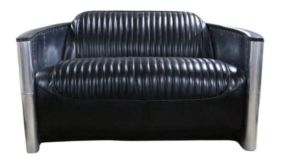 Aviator Pilot 2 Seater Sofa Vintage Black Distressed Real Leather