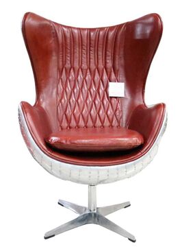 Aviator Retro Swivel Egg Aluminium Distressed Vintage Rouge Red Leather Armchair