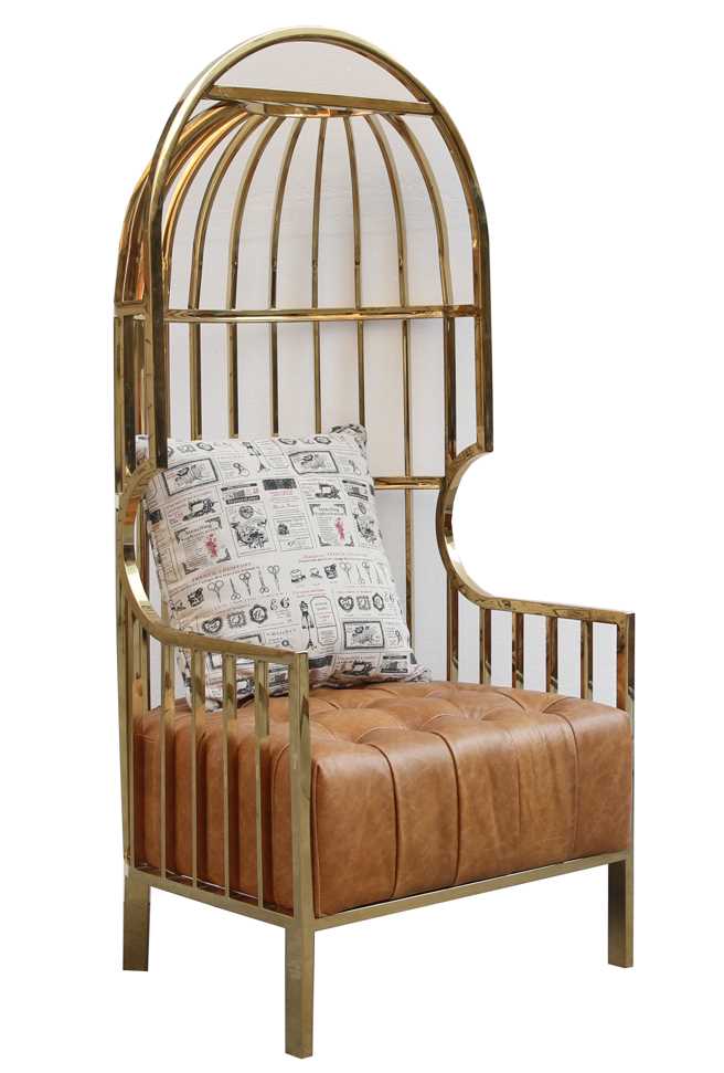 Bird Cage Dome Gold Metal Porter Chair In Vintage Leather