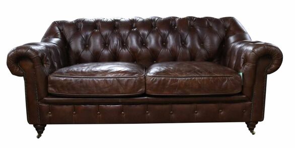 Wellington Chesterfield Vintage Brown Distressed Leather 2 Seater Sofa