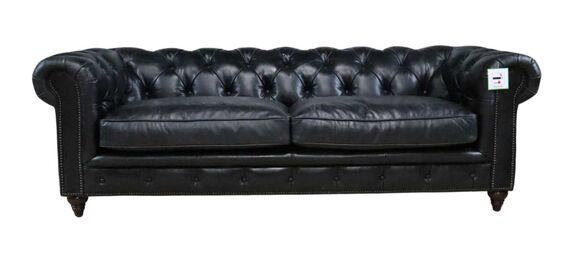 Earle Grande Chesterfield 3 Seater Black Real Leather Sofa