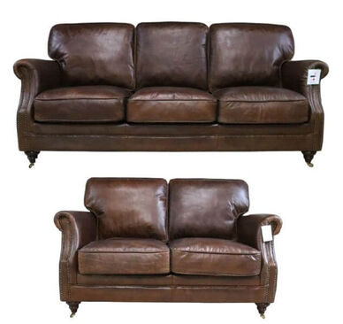 Luxury Vintage Distressed Leather 3+2 Seater Settee Sofa Suite Brown