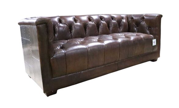 Spitfire Chesterfield 3 Seater Vintage Distressed Leather Brown Aluminium Sofa