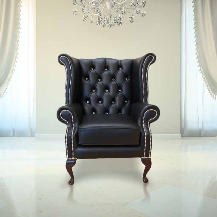 Chesterfield CRYSTALLIZEDÔäó - Swarovski Elements Queen Anne High Back Wing Chair Black Leather