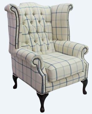 Chesterfield Queen Anne Wing Chair Piazza Square Blue Fabric