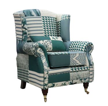 Wing Chair Fireside High Back Armchair Charles Patchwork Green Fabric