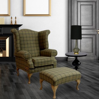 Chesterfield Edward Queen Anne Wool Tweed Althrop Topaz Wing Chair Fireside High Back Armchair + Footstool HI