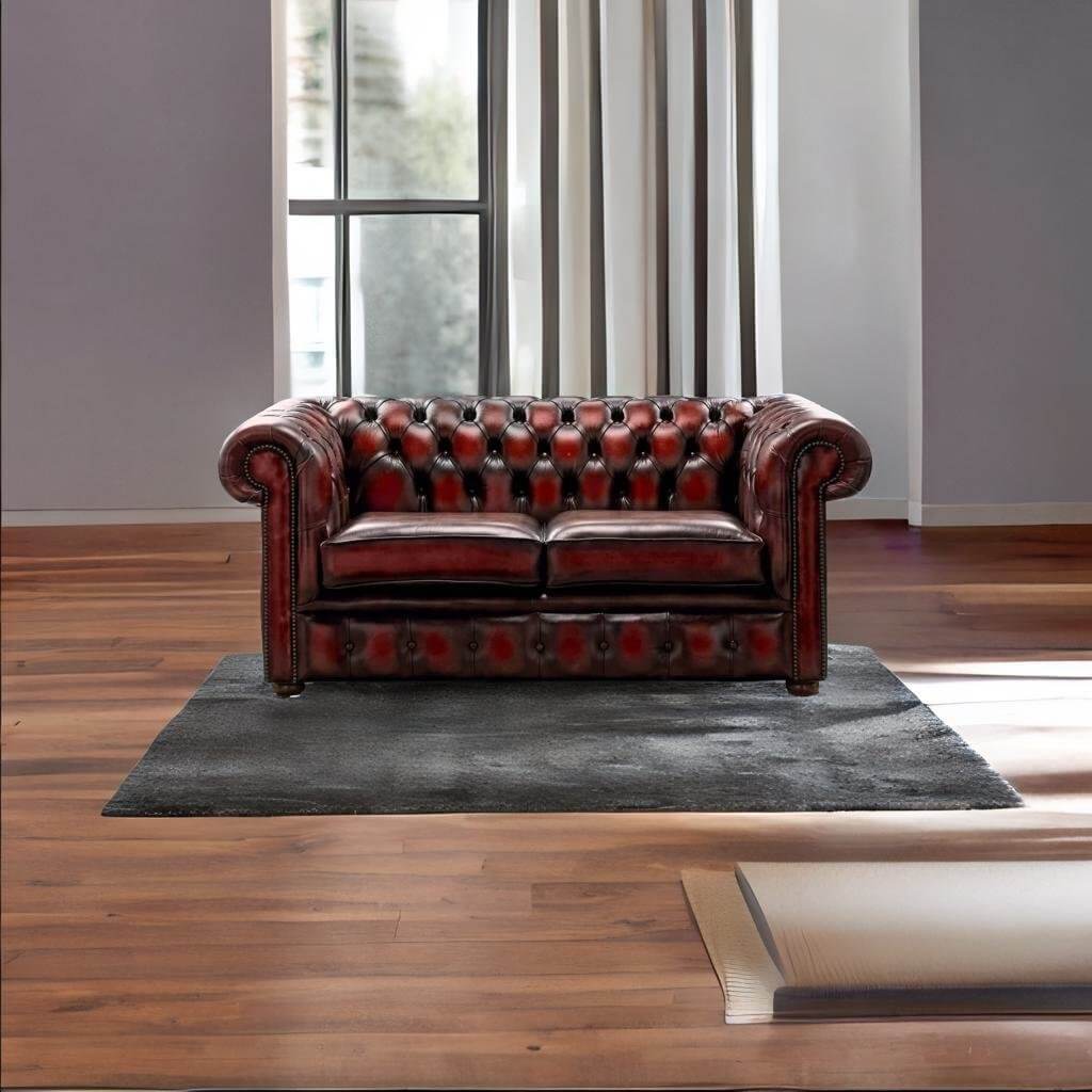 chesterfield 2 seater antique oxblood leather sofa settee2