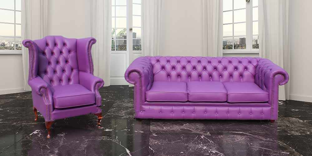 chesterfield 3 seater queen anne high back wing chair wineberry purple leather