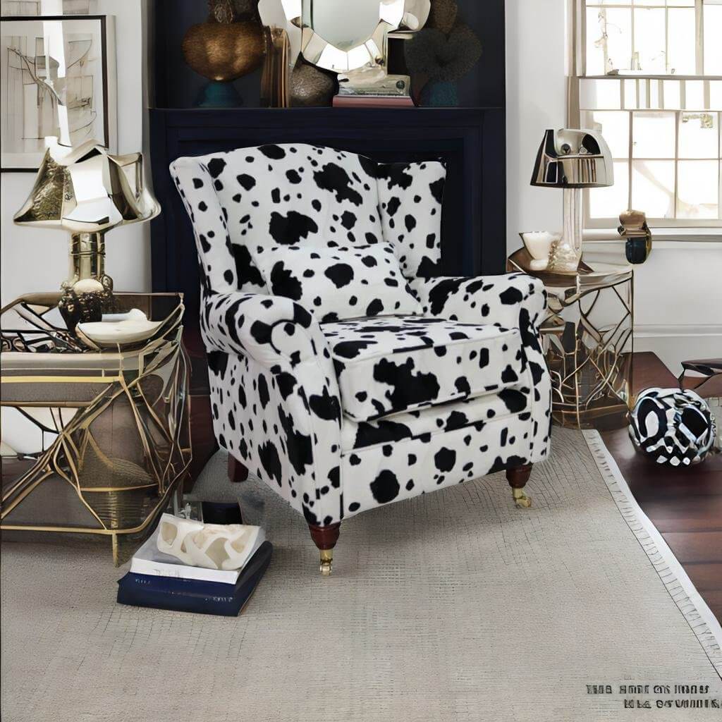 wing chair fireside high back armchair black cow2