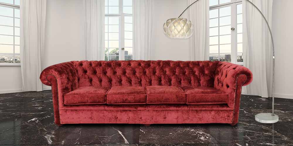 chesterfield 4 seater settee elegance ruby red velvet fabric sofa offer