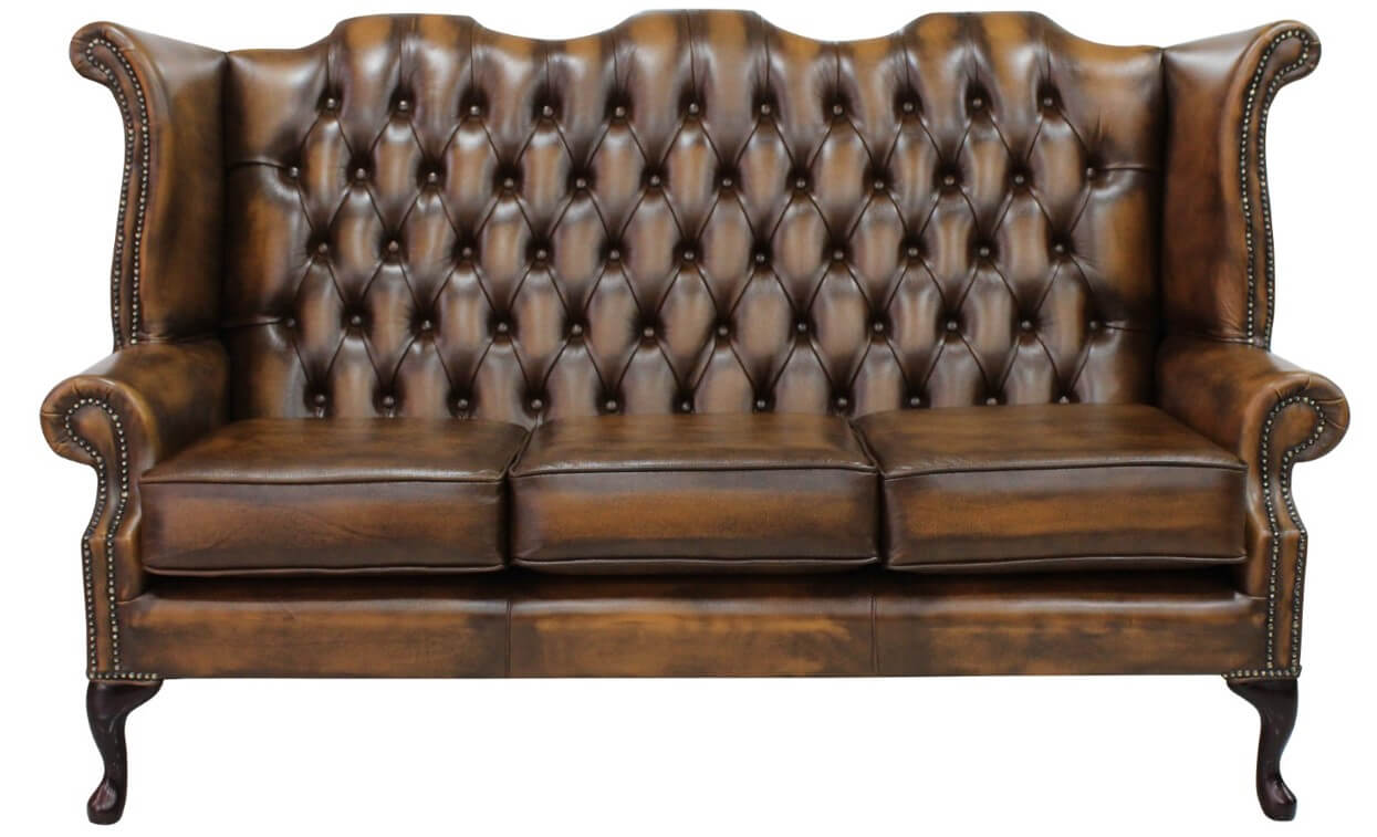 chesterfield 3 seater queen anne sofa antique tan leather