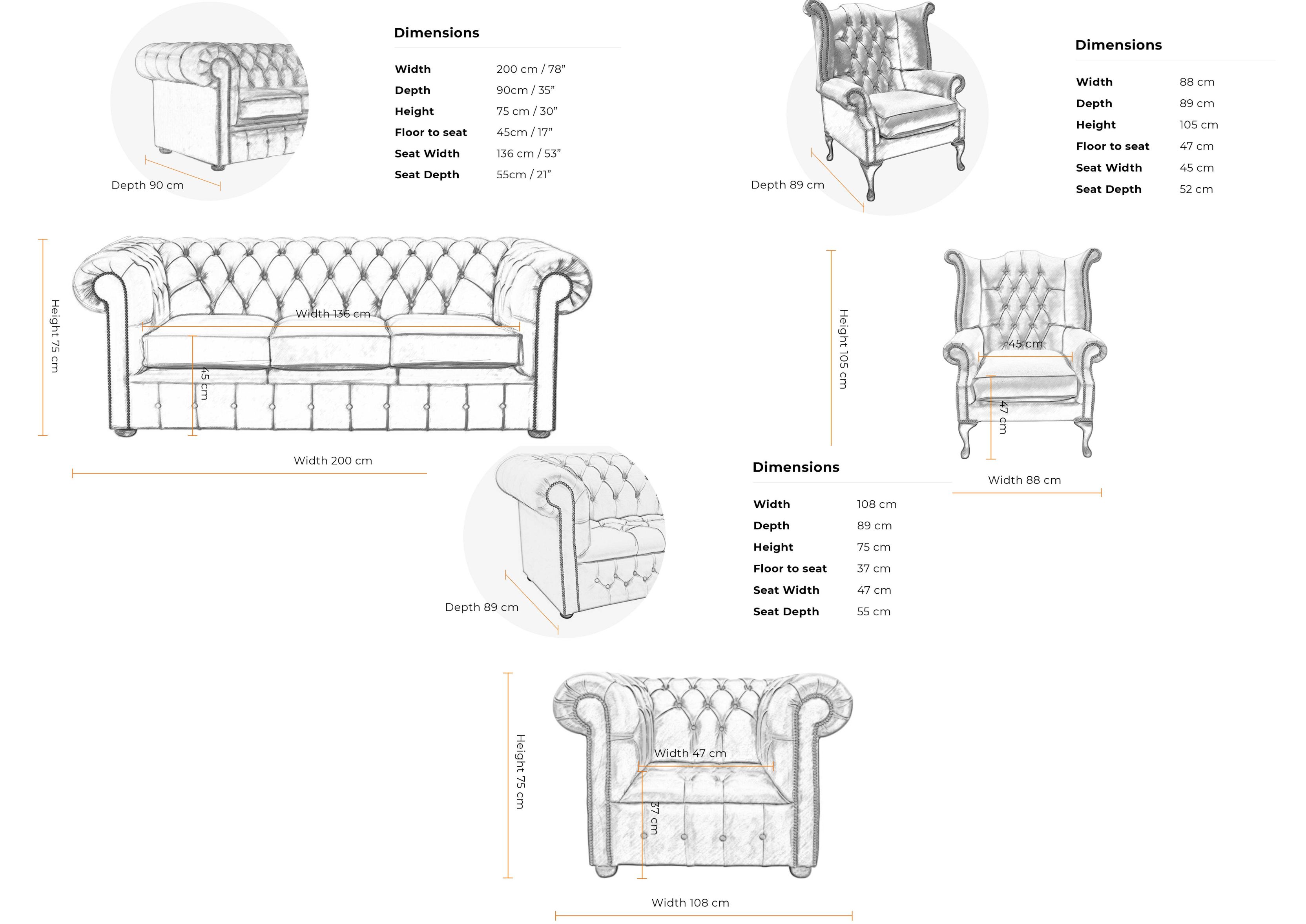 3 Seater + Queen Anne Buttoned Wing Chairs Suite