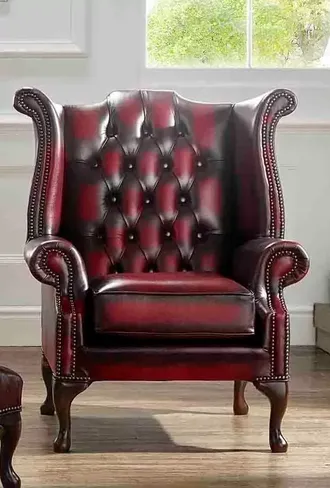 Chesterfield Queen Anne High Back Wing Chair Antique Oxblood Real Leather