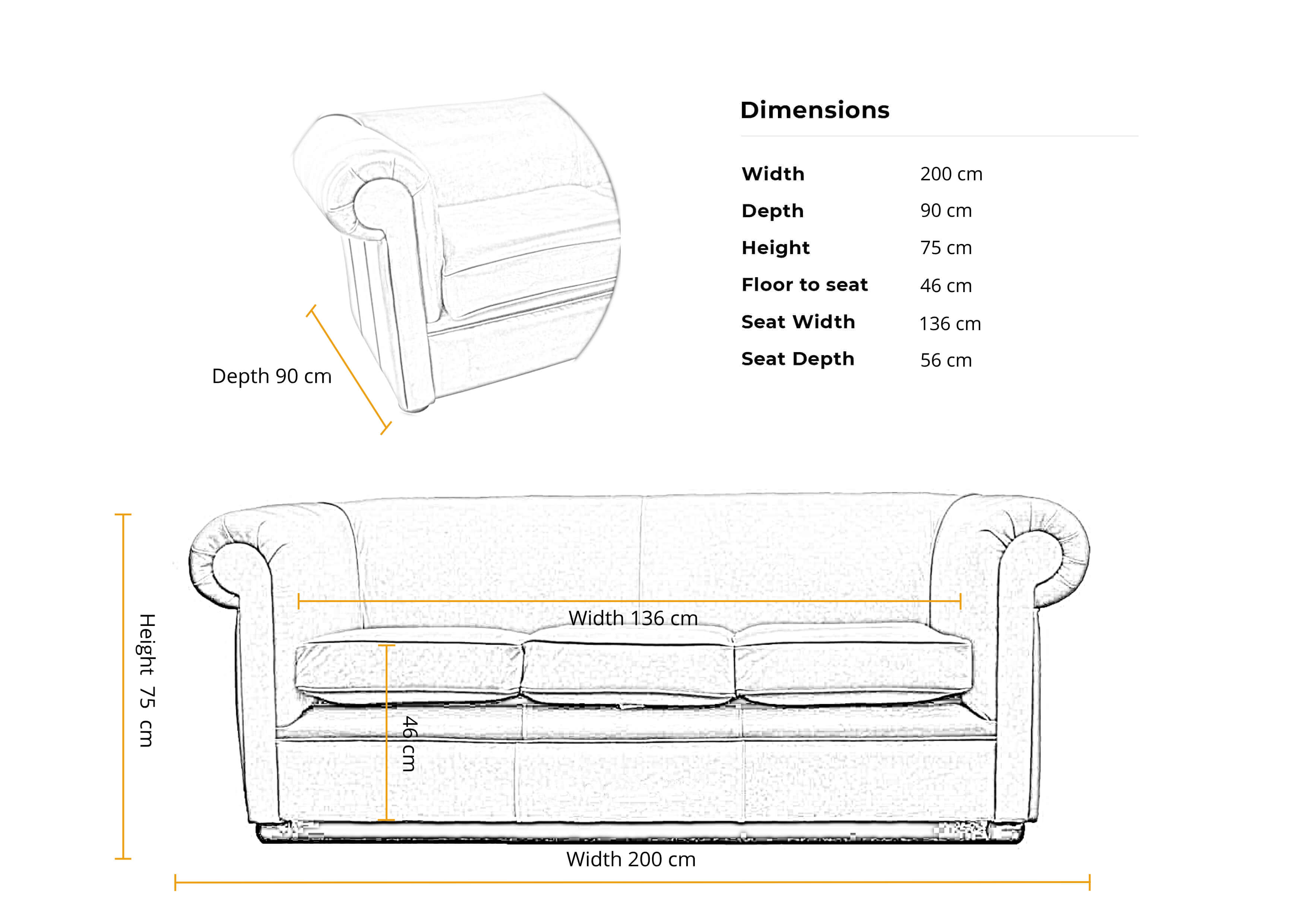 Dimension 3 seater 1930_s Classic Cusion sofa