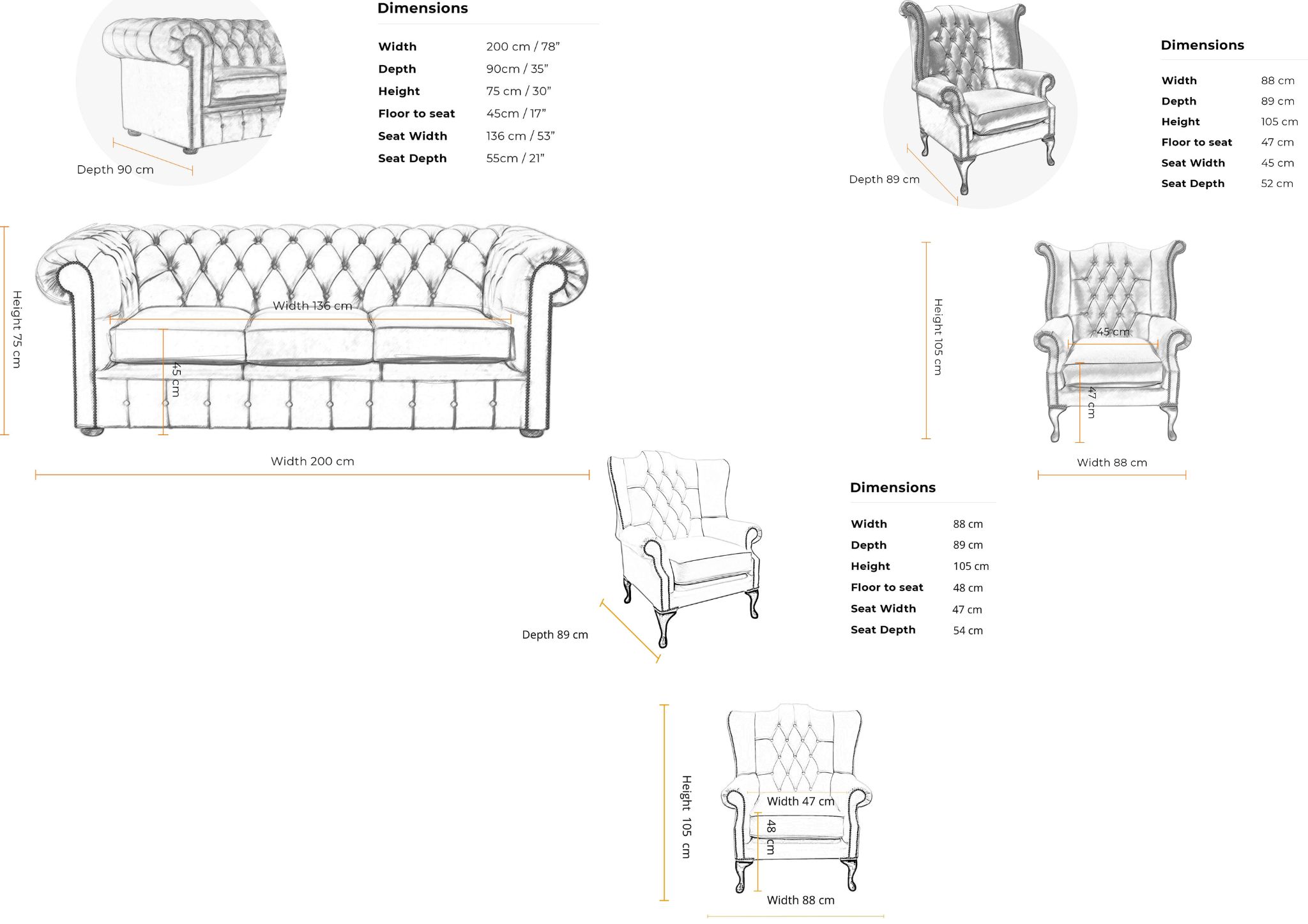 Dimension 3 Seater Sofa + Mallory Wing Chair +  Queen Anne