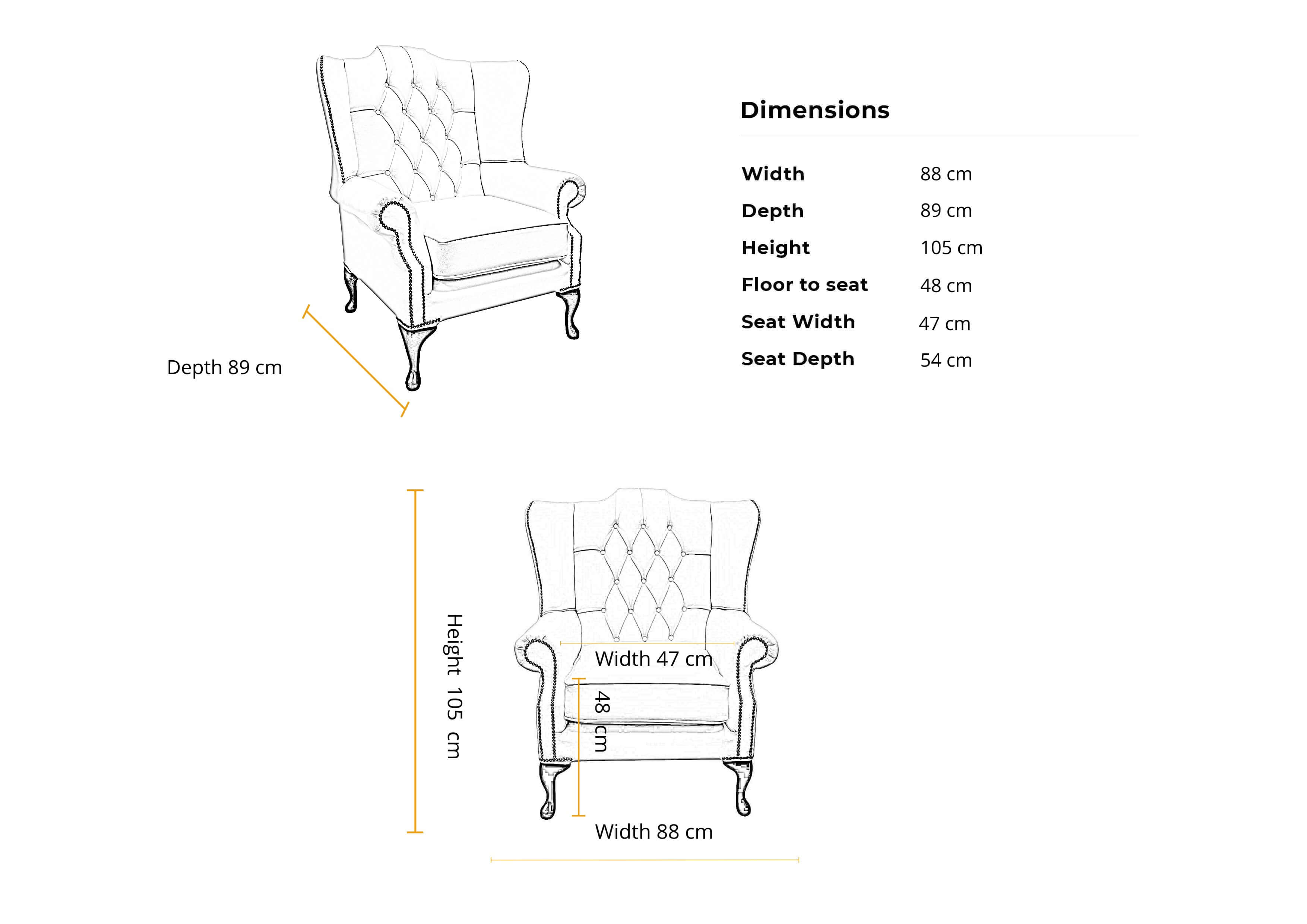 Dimensions 1 seater Bloomsbury Flat Wing Queen Anne High Back Wing Chair