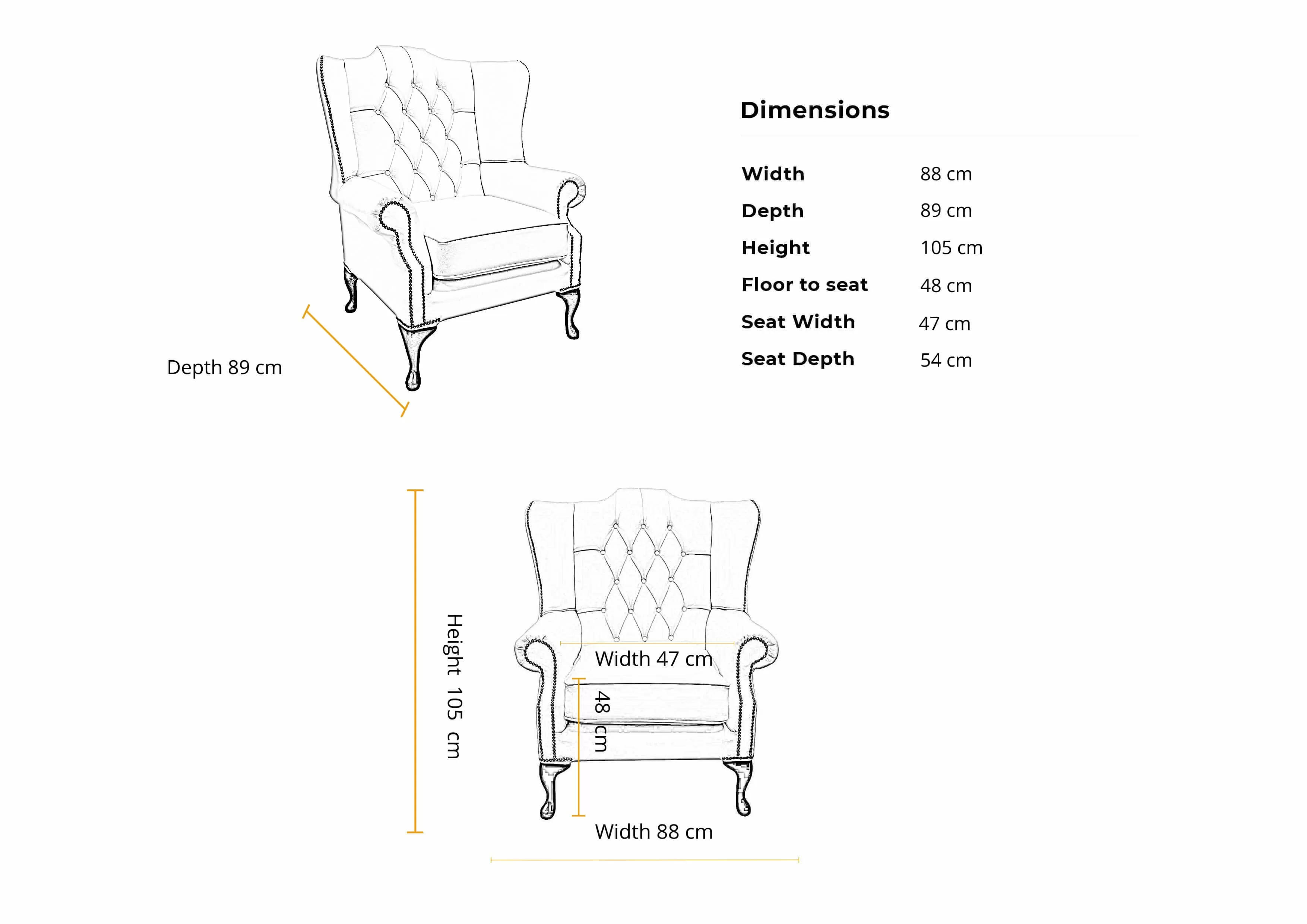 Dimensions 1 seater Bloomsbury Flat Wing Queen Anne High Back Wing Chair