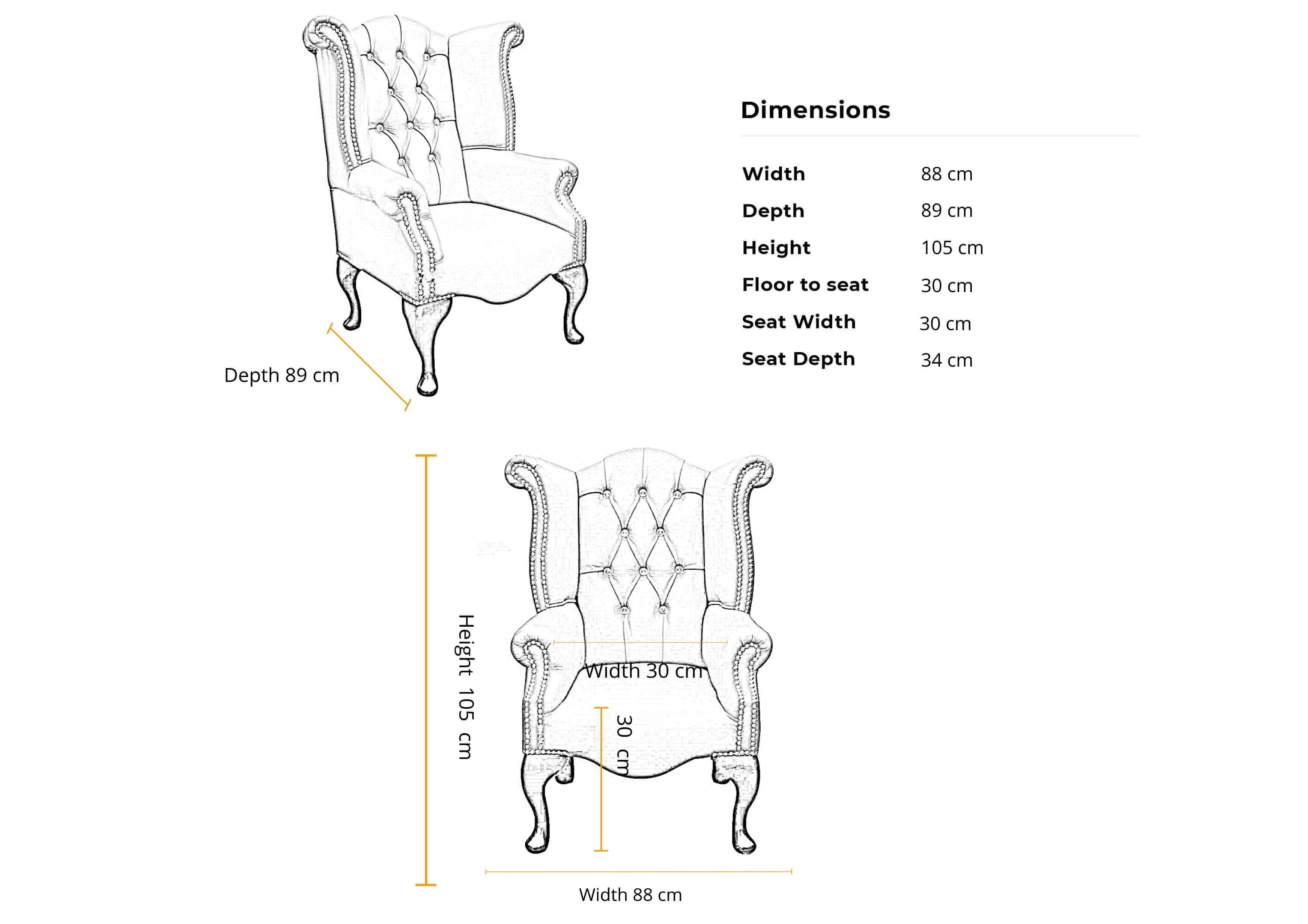 Dimensions 1 seater Chesterfield Childrens Crystal Queen Anne High Back Wing Chair