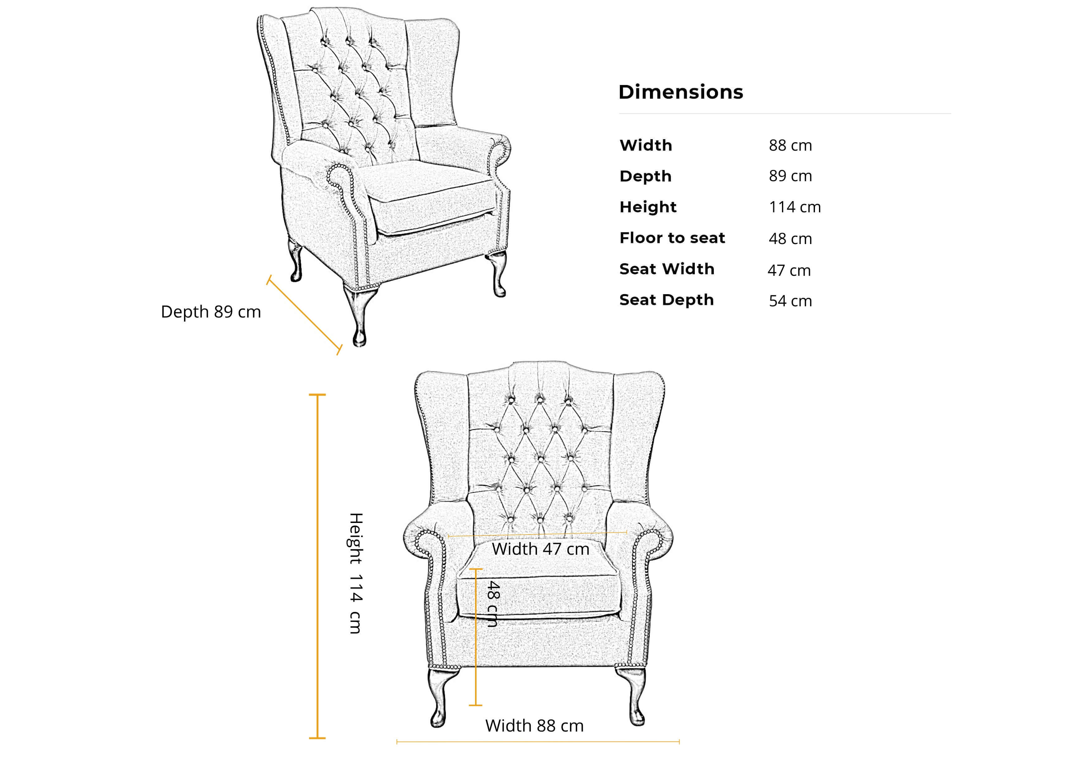 Dimensions 1 seater Prince's Flat Wing Queen Anne High Back Wing Chair fabric