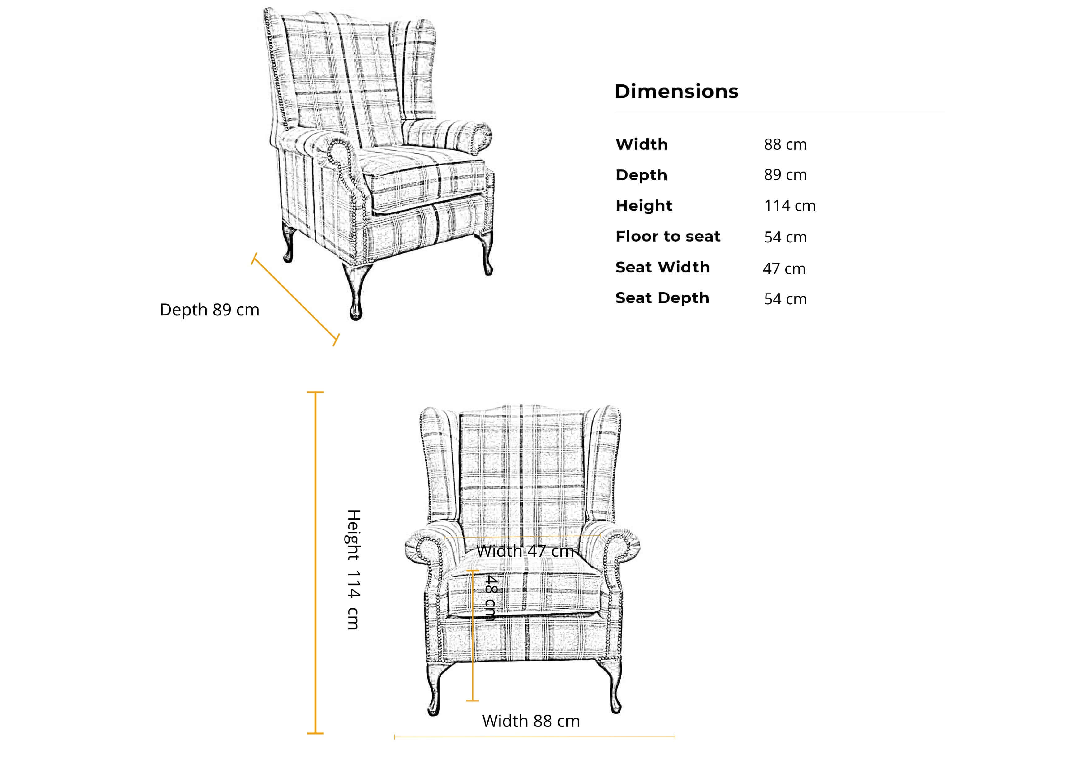 Dimensions 1 seater Prince's Saxon Mallory High Back Wing Chair Balmoral