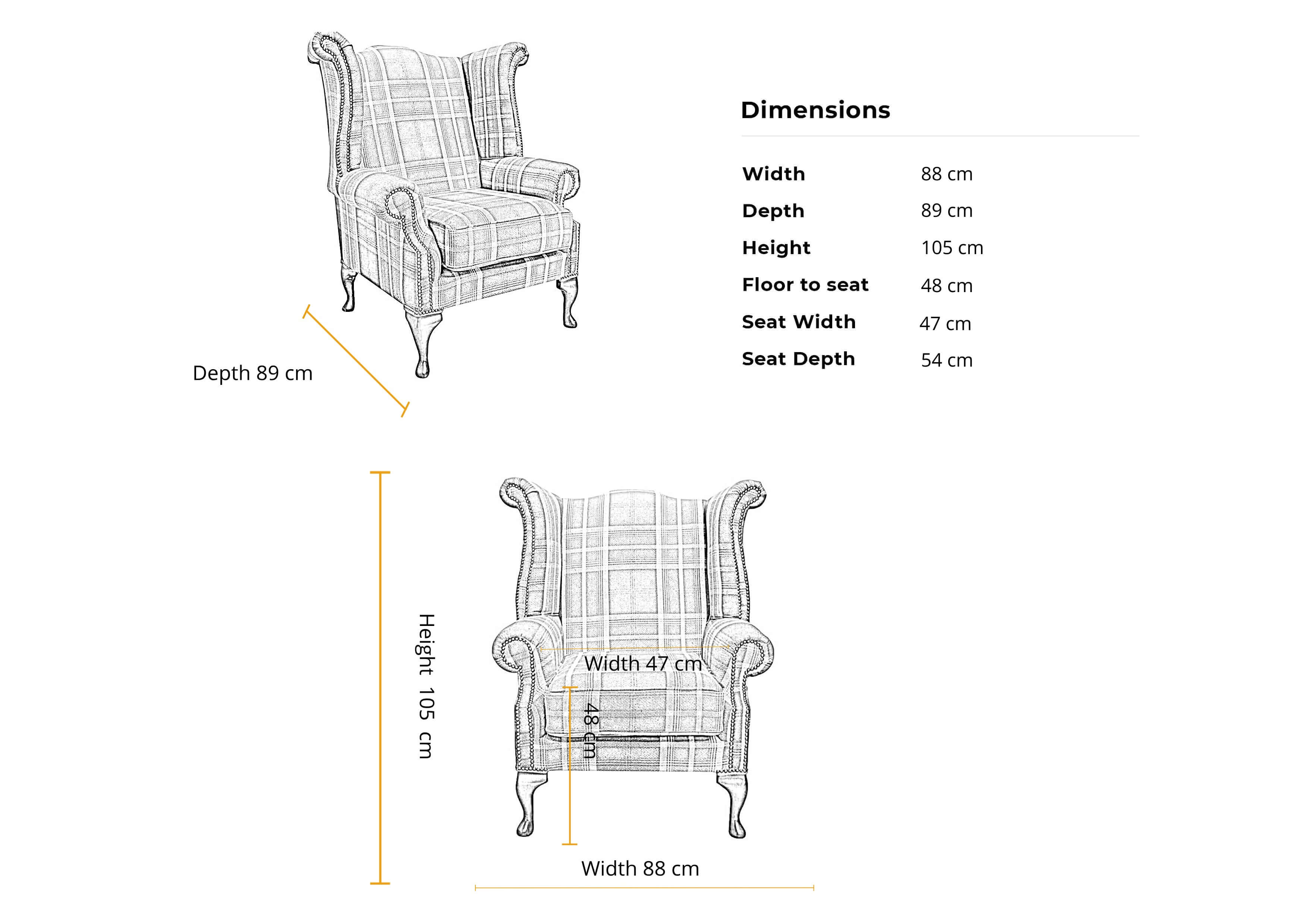 Dimensions 1 seater Saxon Queen Anne Wing Chair High Back Armchair checks fabric