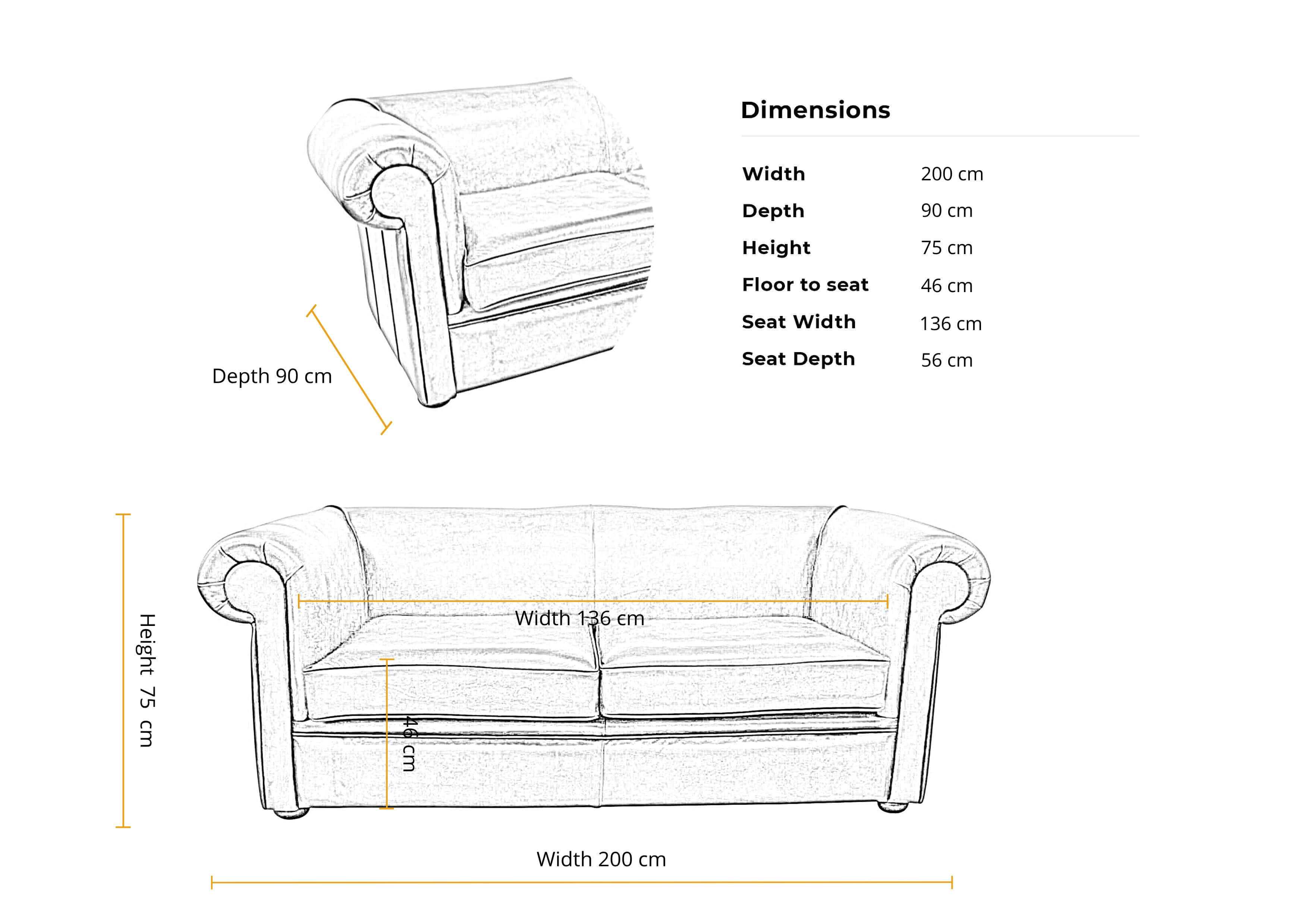 Dimensions 1930_s 3 seater sofa 2 Cushion Style