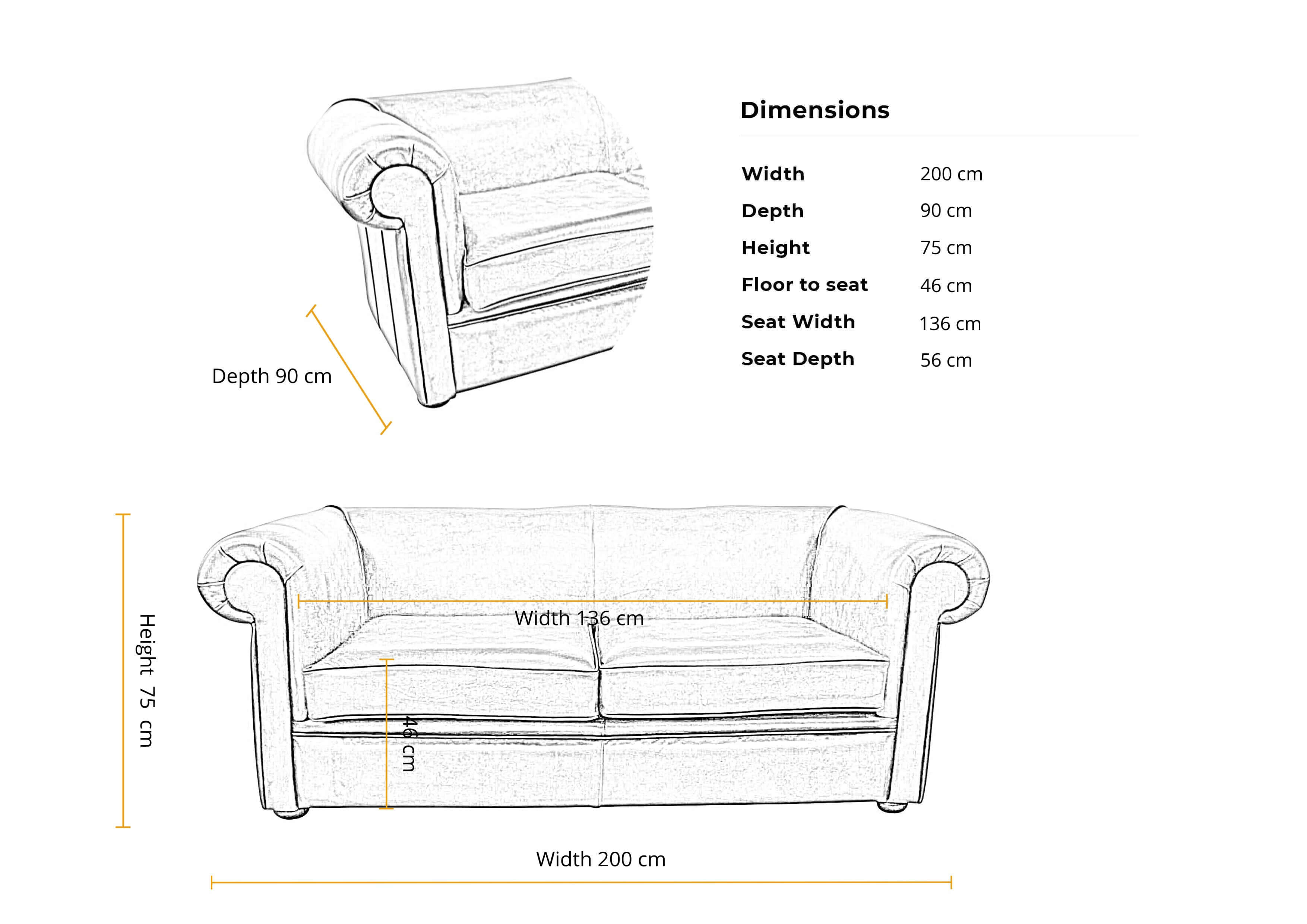 Dimension 3 seater 1930_s Classic Cusion sofa