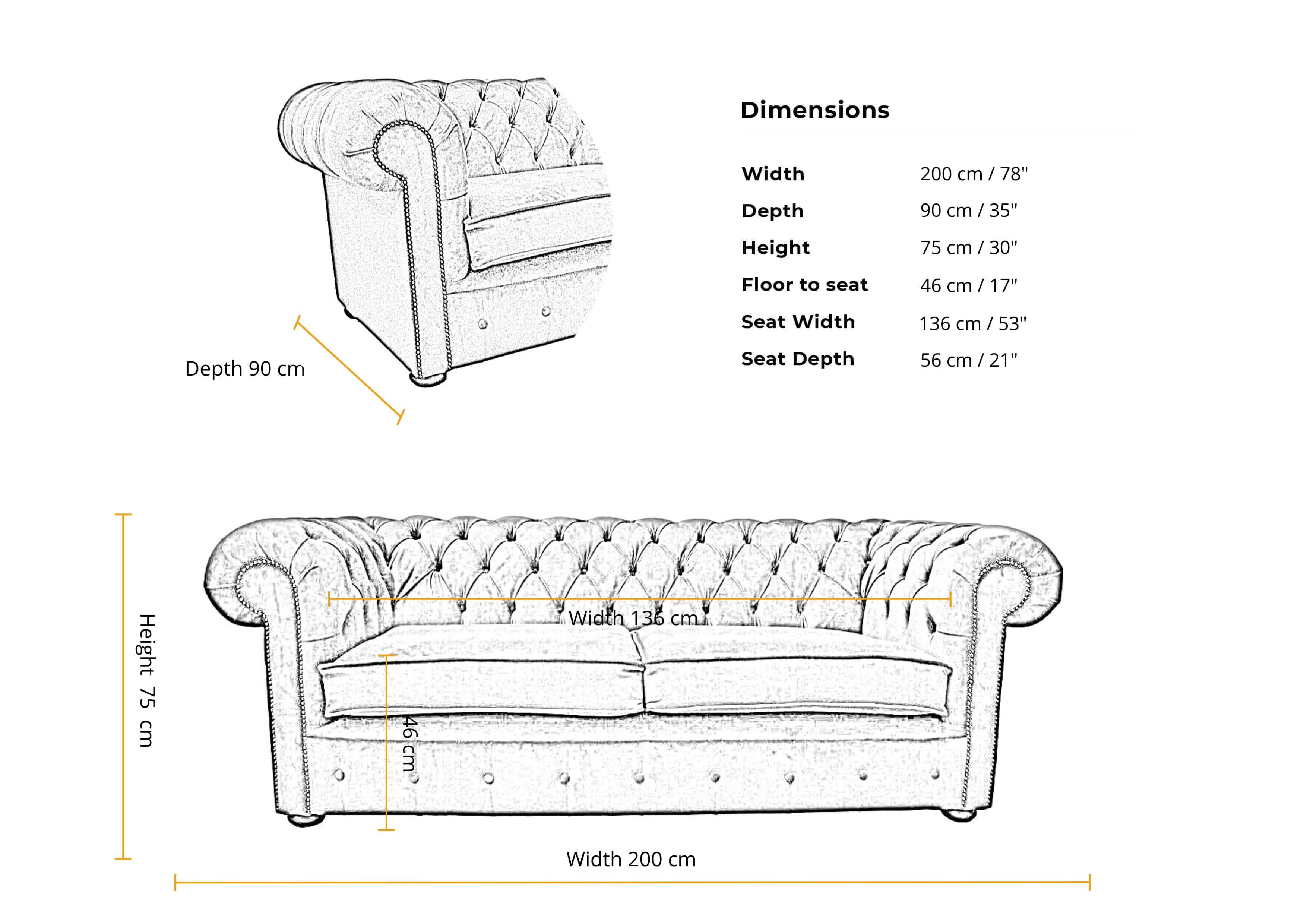 Dimensions 3 seater classic chesterfield sofa