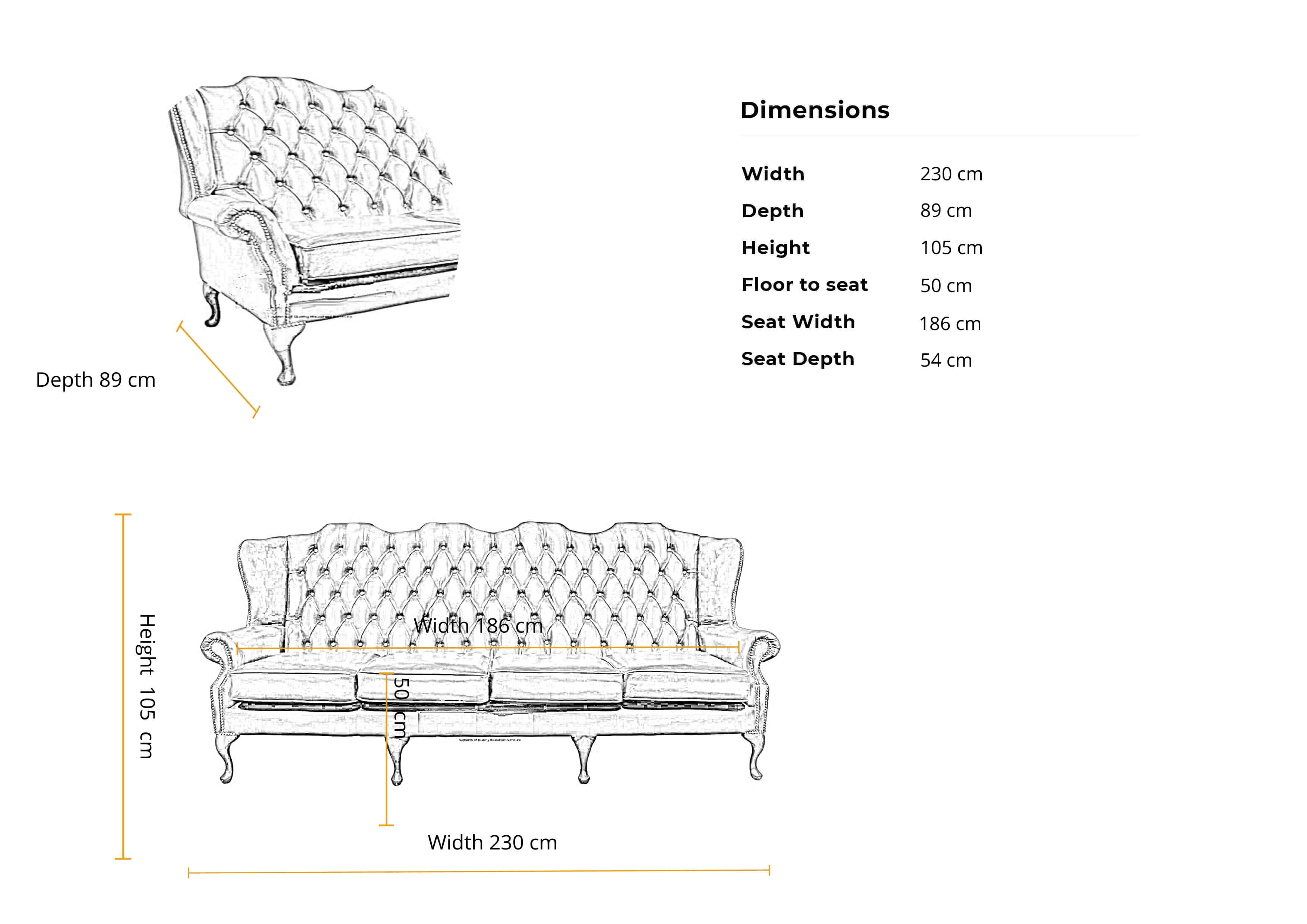 dimensions 4 Seater Flat Wing Queen Anne High Back Wing Sofa
