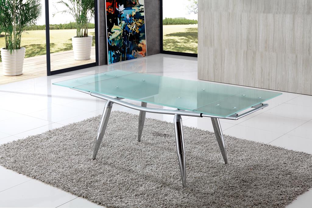 Piston Frosted Extending Glass Dining Table, White Frosted Glass Extending Dining Table