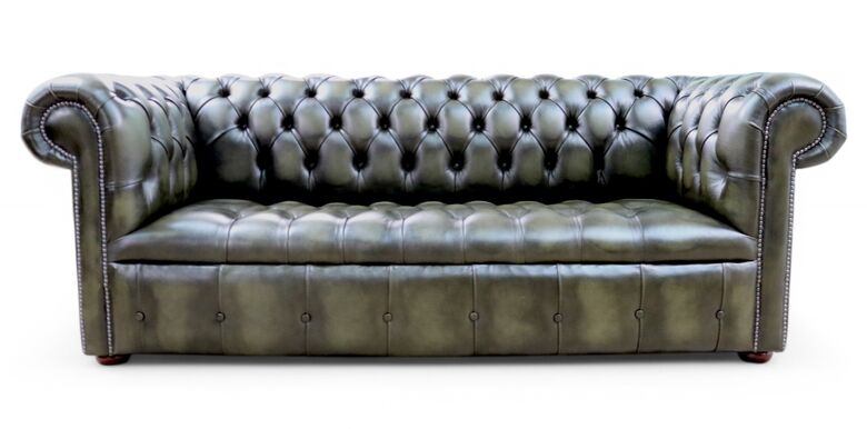 3 Seater Chesterfield Buttoned Seat Sofa Antique Olive Leather