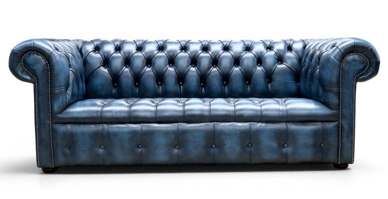 Chesterfield Edwardian 3 Seater Buttoned Seat Sofa Antique Blue Leather