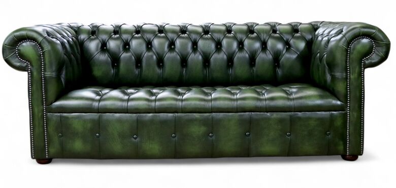 Chesterfield Edwardian 3 Seater Buttoned Seat Sofa Antique Green Leather