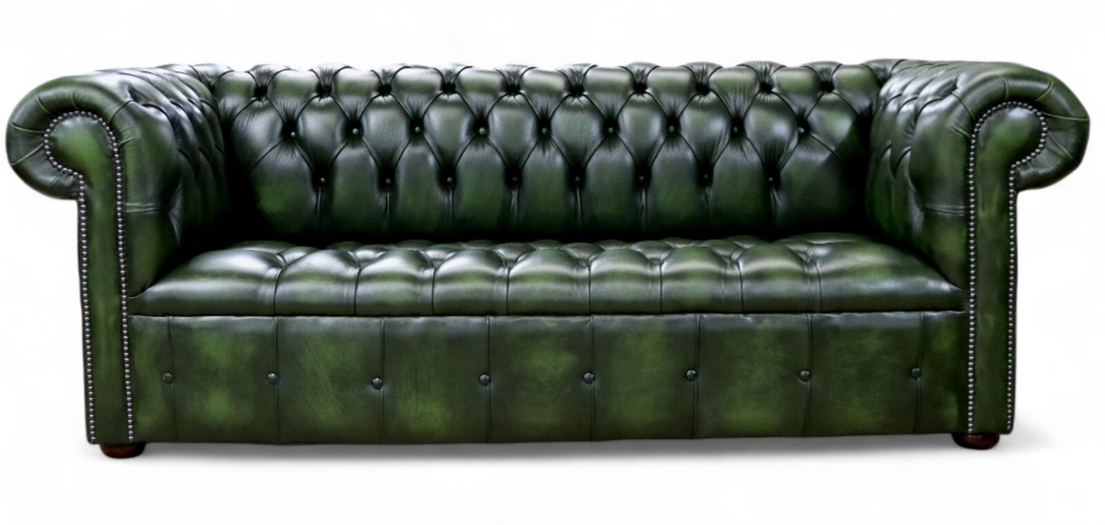 Chesterfield Edwardian 3 Seater Buttoned Seat Sofa Antique Green Leather