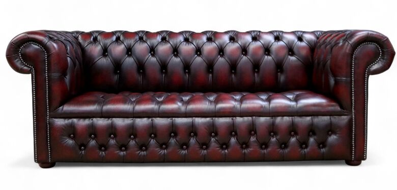 Chesterfield Edwardian 3 Seater Buttoned Seat Sofa Antique Oxblood Leather