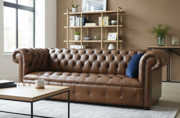 Chesterfield Edwardian 3 Seater Buttoned Seat Sofa Antique Tan Leather