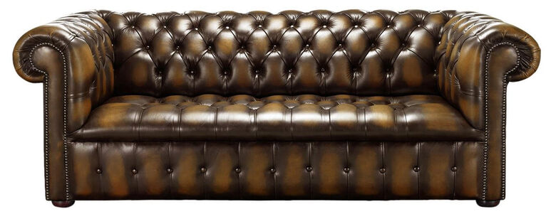 Chesterfield Edwardian 3 Seater Buttoned Seat Sofa Antique Tan Leather