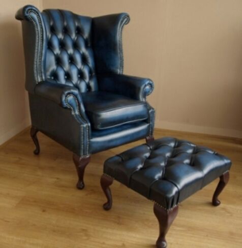 Blue Leather Chesterfield Queen Ann Chair and Footstool - Designer Sofas 4U