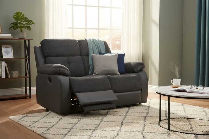 Holden 2 Seater Sofa Reclining Dark Grey Fabric And Leather