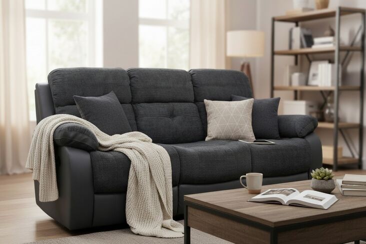 Holden 3 Seater Sofa Reclining Dark Grey Fabric And Leather