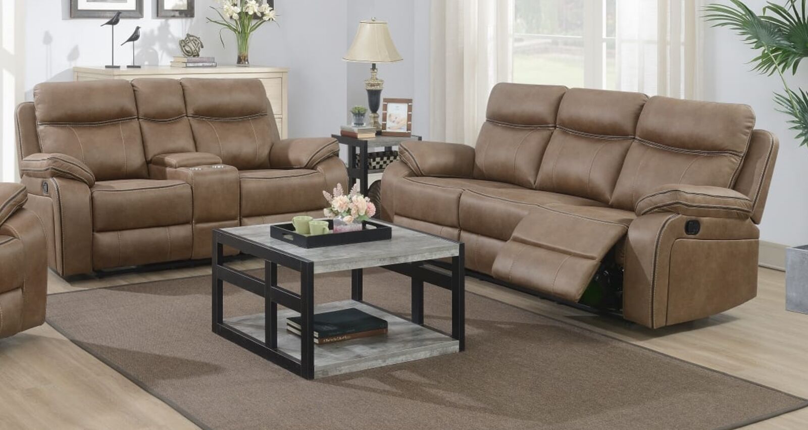 Product photograph of Jacob 3 2 Reclining Fabric Sofa Cinema Console Suite Tan from Designer Sofas 4U