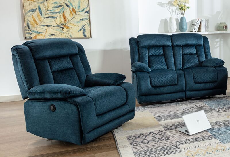 Product photograph of Kelly 2 1 Ocean Blue Fabric Electric Recliner Sofa Suite from Designer Sofas 4U