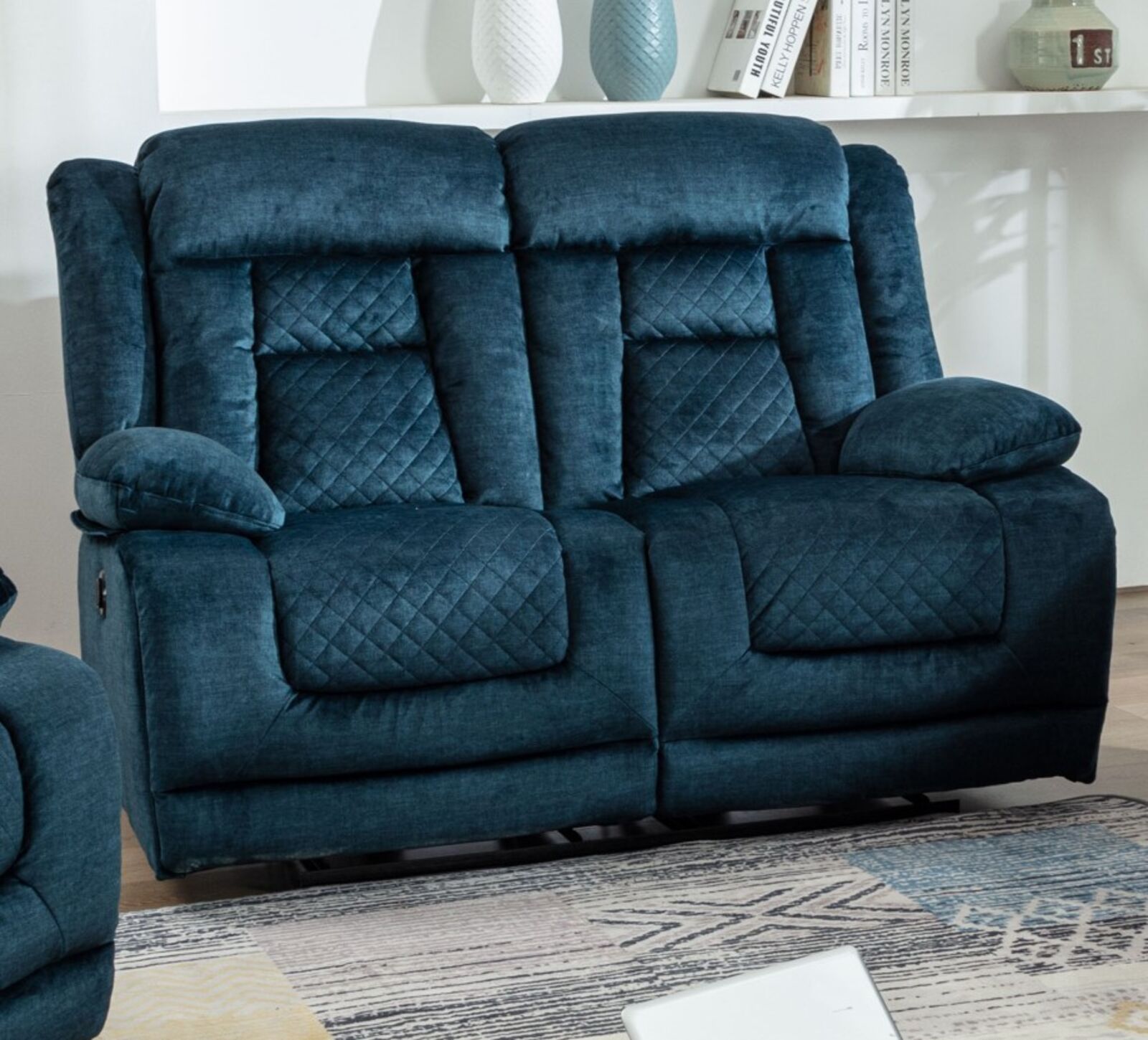 Product photograph of Kelly 2 Seater Ocean Blue Fabric Electric Recliner Sofa from Designer Sofas 4U