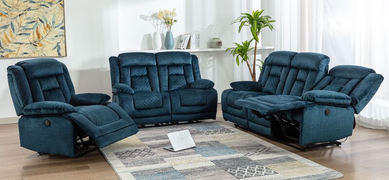 Product photograph of Kelly 3 2 1 Seats Ocean Blue Fabric Electric Recliner Sofa Suite from Designer Sofas 4U