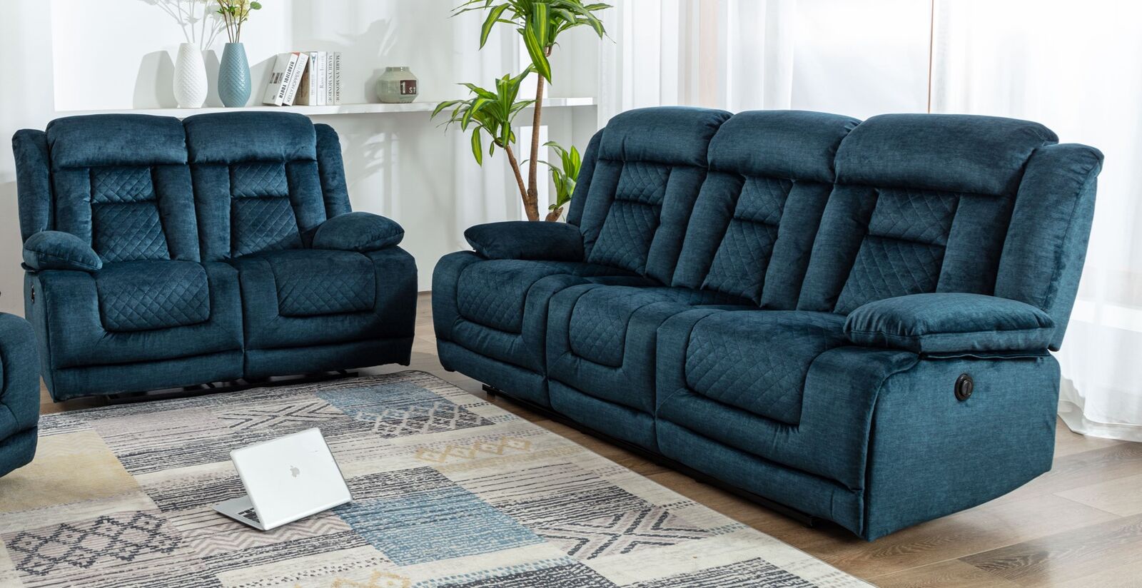 Product photograph of Kelly 3 2 Ocean Blue Fabric Electric Recliner Sofa Suite from Designer Sofas 4U