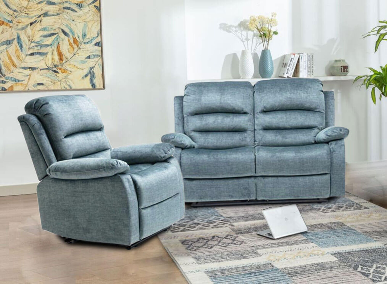 Product photograph of Kensley 2 1 Ocean Blue Fabric Recliner Sofa Suite from Designer Sofas 4U